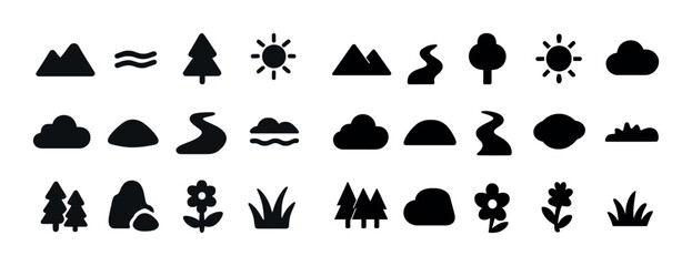 Nature icons set: mountains, trees, sun, clouds, and paths for design