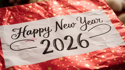 Festive red gift box with golden stars and a white label displaying happy new year 2026 in elegant script, ideal for celebrating the upcoming year