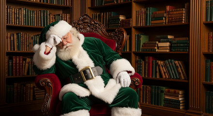 The image features tired person in festive green attire, asleep in red armchair, surrounded by bookcase, suggesting exhaustion or peaceful rest