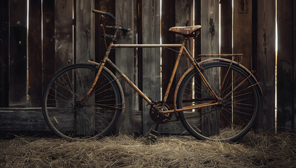 An old, rusty bicycle leans against a weathered wooden barn wall.