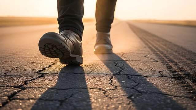 Closeup of feet in boots walking on a cracked road at sunset, with long shadows, representing a journey, determination, and the path forward into the golden hour