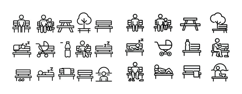 Minimalist icons of people and benches: relaxation and leisure activities