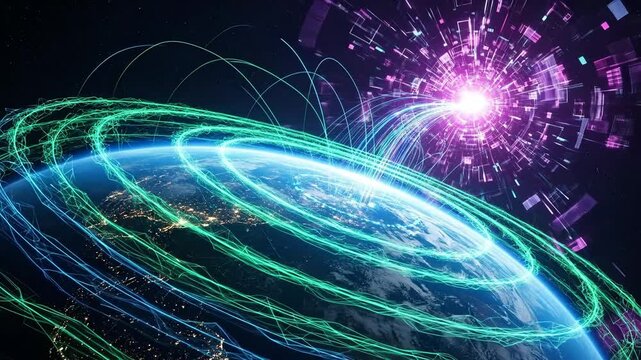 Global Network Connectivity Earth Orbiting Digital Data Streams Flowing In Green And Purple Hues With Bright Light Source In Dark Outer Space Background