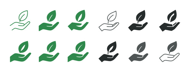 Green and monochrome hand holding leaf icons in various styles