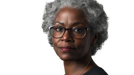 Woman with curly grey hair and glasses stands confidently against a plain background in natural light.