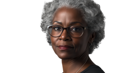 Woman with curly grey hair and glasses stands confidently against a plain background in natural light.