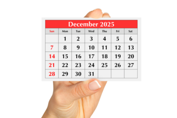 Page of the annual monthly calendar december 2025 in hand. Isolated on transparent png