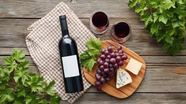 Bottle of red wine with blank label, accompanied by fresh grapes, cheese, and glasses of wine on a rustic wooden table, creating a cozy dining atmosphere