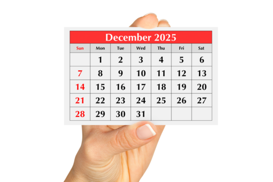 Page of the annual monthly calendar december 2025 in hand. Isolated on transparent png