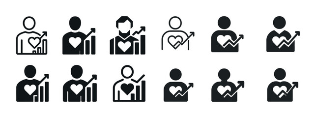 Fototapeta premium Set of black heart and graph icons illustrating health and fitness progress