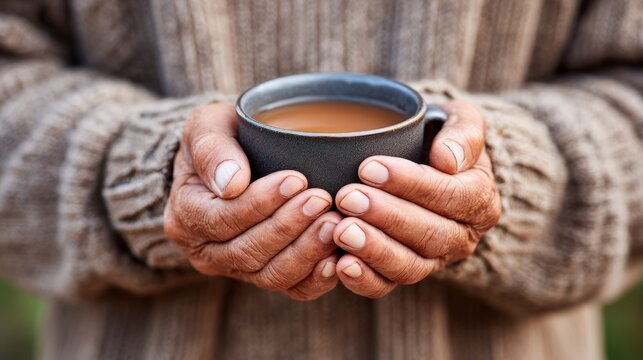 Hands of an elderly person holding a warm cup of tea or coffee, showcasing textured skin and cozy sweater, evoking feelings of comfort and warmth in a serene environment