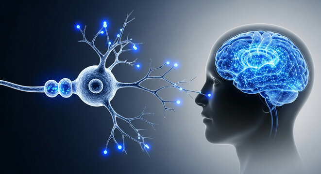Image shows blue glowing neuron next to brain within a human head silhouette, representing intellect, neural network, and scientific exploration