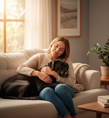Peaceful woman in a knit sweater cuddling a black Labrador on a white sofa in a sunlit living room, depicting pet love and home comfort