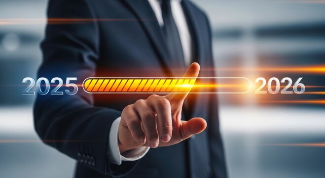 Businessman points to progress bar indicating transition from 2025 to 2026