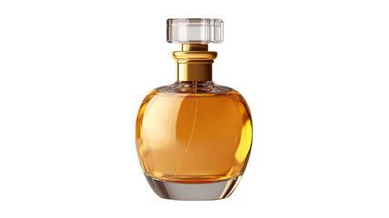 Elegant glass perfume bottle showcasing amber liquid in a stylish design with a textured cap.