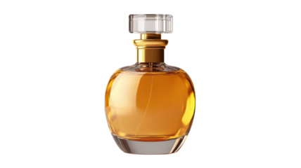 Elegant glass perfume bottle showcasing amber liquid in a stylish design with a textured cap.