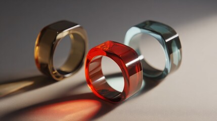 Translucent Floating Rings in Warm and Cool Tones Enhancing Light Play and Reflection on Soft Surface