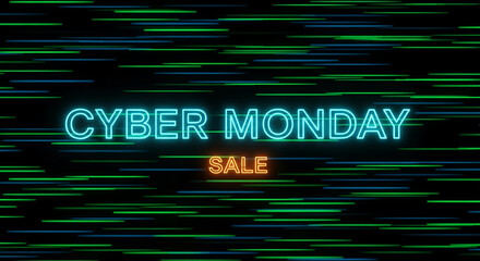 Image with neon text "Cyber Monday" and "Sale" against a dark background with linear light effects, representing digital promotion event