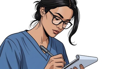 Female nurse taking notes on clipboard with pen in hand