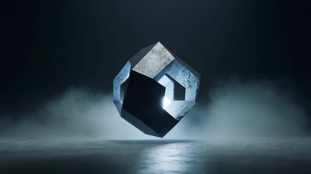 Dark abstract cube floating in smoke spotlight