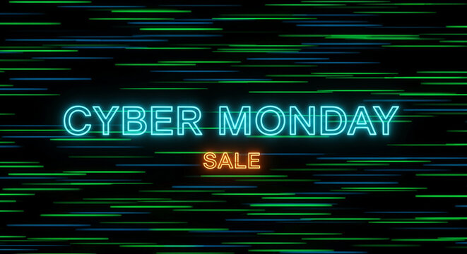 Image with neon text "Cyber Monday" and "Sale" against a dark background with linear light effects, representing digital promotion event