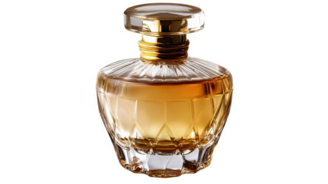 Elegant glass perfume bottle with golden cap filled with amber scent.