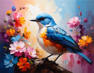 Colorful bird perching at blooming flowers painting