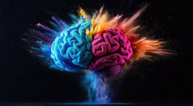 A vibrant, artistic representation of a brain, showcasing dynamic colors and explosive patterns, symbolizing creativity and cognitive diversity.