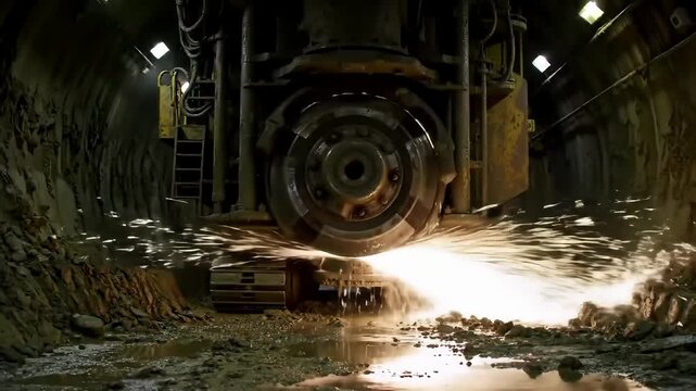 Image showcases an industrial scene featuring a large tunnel boring machine in action. The machine is centrally positioned, with its circular cutting head dominating the frame. Sparks fly dramatically
