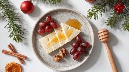 Festive Snack Plate with Cheese, Grapes, Honey and Holiday Decor &ndash; Top-Down Lifestyle Scene 