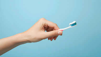 A hand holds a white toothbrush with toothpaste on a light blue background.