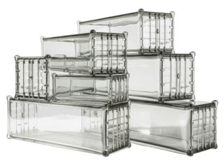 Stack of transparent glass shipping cargo containers for trade on a transparent background