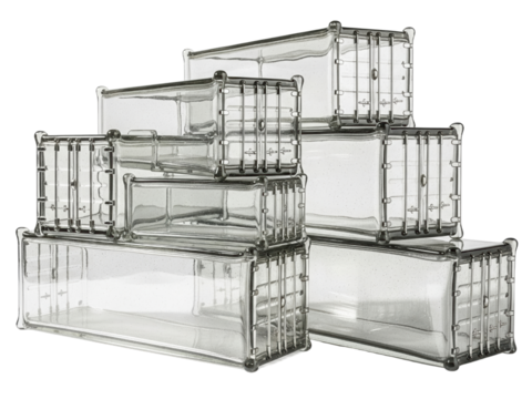 Stack of transparent glass shipping cargo containers for trade on a transparent background