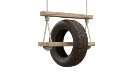 Isolated outdoor tire swing on a clear day, recreational item, wooden swing, fun equipment