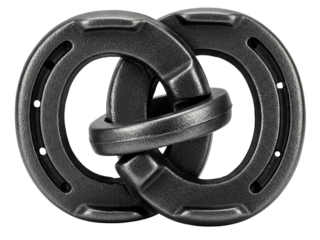Set of two black cast iron pitching horseshoes for lawn games on a transparent background