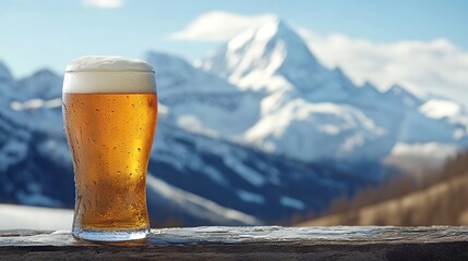 Refreshing glass of cold beer with foamy head sitting on wooden table overlooking snowy mountain range