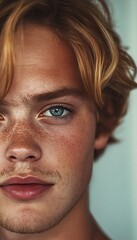 Captivating Close-Up of a Young Ginger Man with Striking Clear Skin and Charming Serene Nature