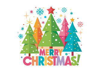 Festive merry christmas greeting with colorful christmas trees stars and snowflakes for holiday season celebrations isolated on white background logo icon on white background 