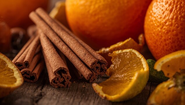 Displaying bundle of cinnamon sticks on wooden board, featuring orange wedges and star anise - Powered by Adobe