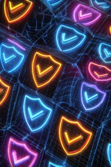 Neon Security Shields - Abstract Glowing Network of Protection and Verification.