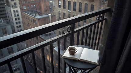 A morning scene on a balcony overlooking city buildings, featuring coffee and a book.