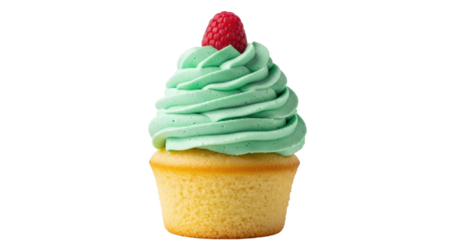 Isolated raspberry cupcake with light-green frosting, birthday dessert, holiday party, sweet food