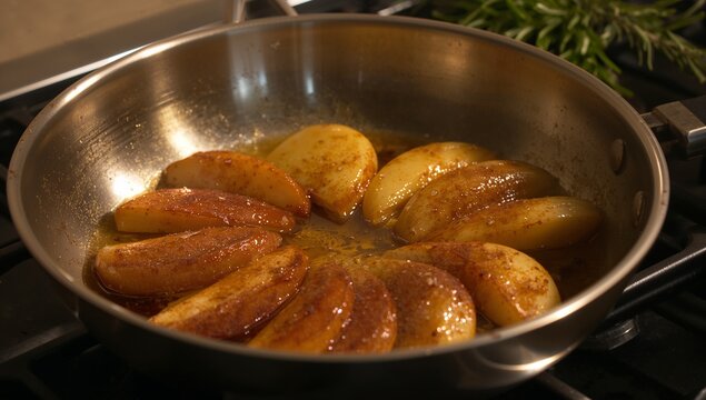 Caramelizing apple wedges coating stainless steel saute pan on gas stove, with butter syrup - Powered by Adobe