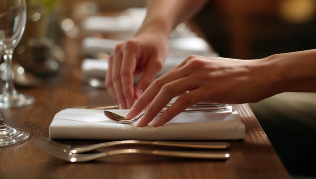 Arranging hands placing teaspoon on folded napkin at wooden table with wine glass stem and forks