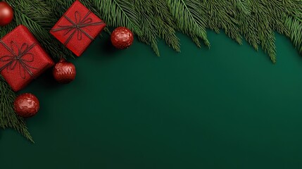Christmas background with red gift boxes, green branches, and festive decorations on a dark green background, suitable for social media posts, advertisements, and Christmas card concept designs.