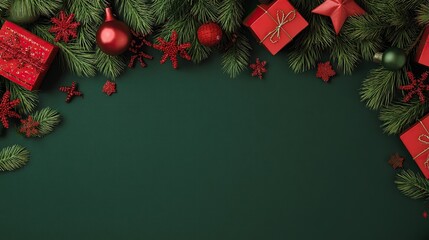 Christmas background with red gift boxes, green branches, and festive decorations on a dark green background, suitable for social media posts, advertisements, and Christmas card concept designs.