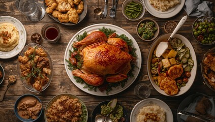 Featuring whole roasted turkey resting on white platter at rustic wooden table, with gravy