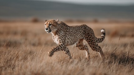 A sleek cheetah dashes through the tall, golden grasses of the savannah, its powerful legs propelling it forward. The warm light of sunset bathes the landscape, casting long shadows