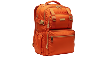 Isolated orange-colored travel backpack with lots of compartments and carrying straps, ready for trip