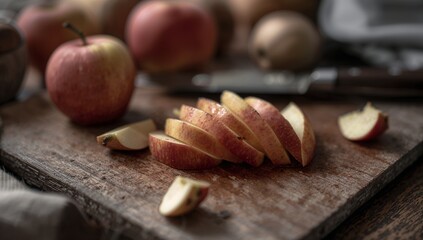 Displaying fanned sliced red apple on wooden cutting board in home kitchen, with blurred knife